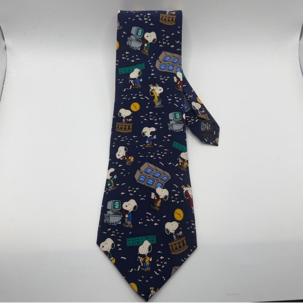Vintage Peanuts Snoopy Buy Low Sell High Stock Market Navy Silk Tie Made in USA